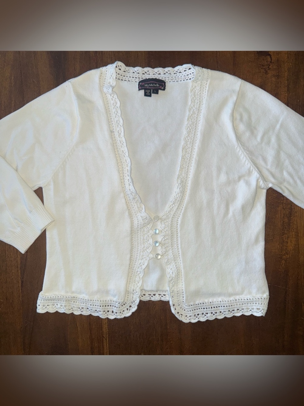 My Michelle Cardigan Womens Large Ivory Crochet Edge Deep V Neck Vintage Y2K
